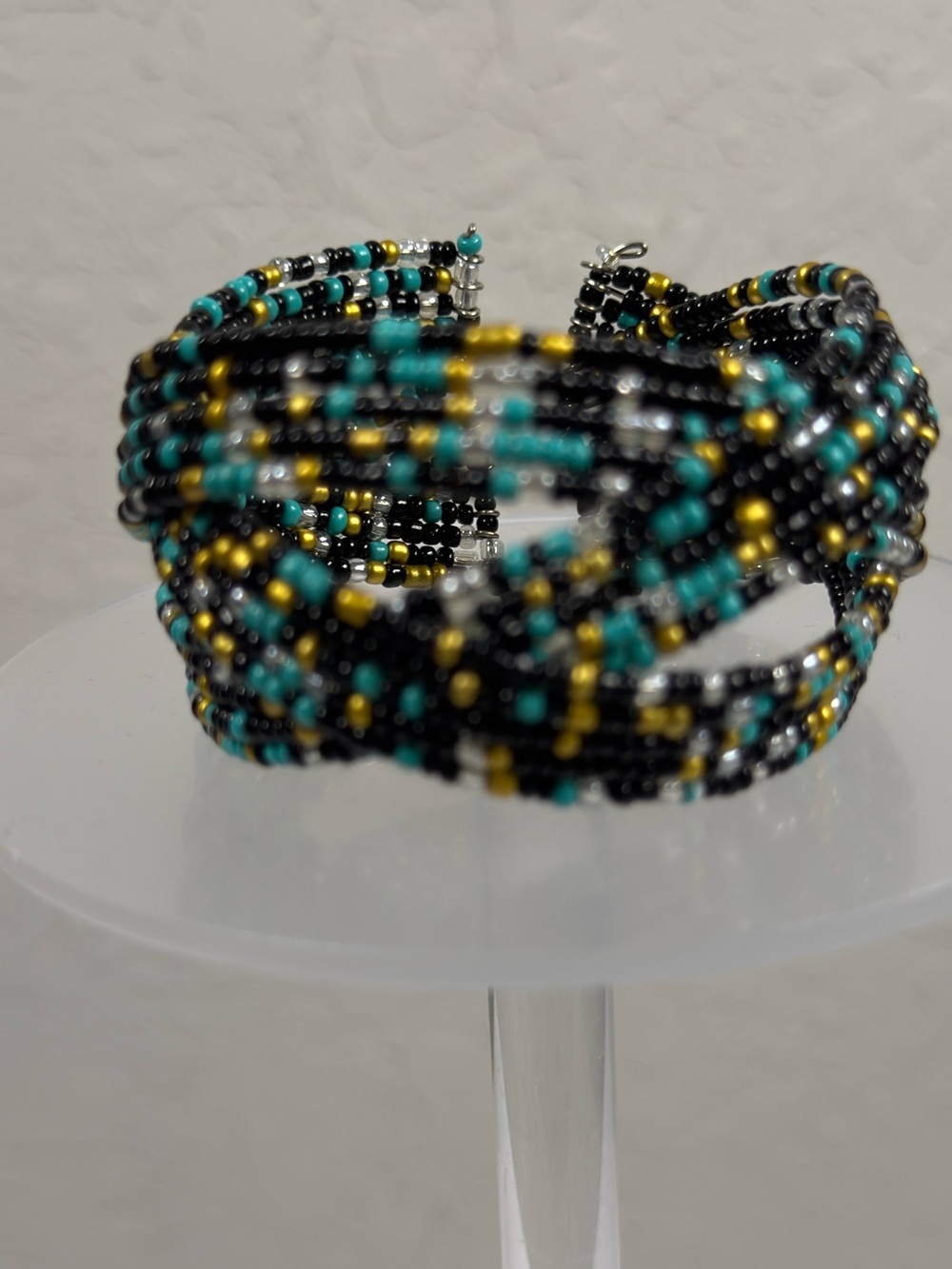 Handmade Beaded Wrap Cuff Bracelet Turquoise Color Gold Tone Boho